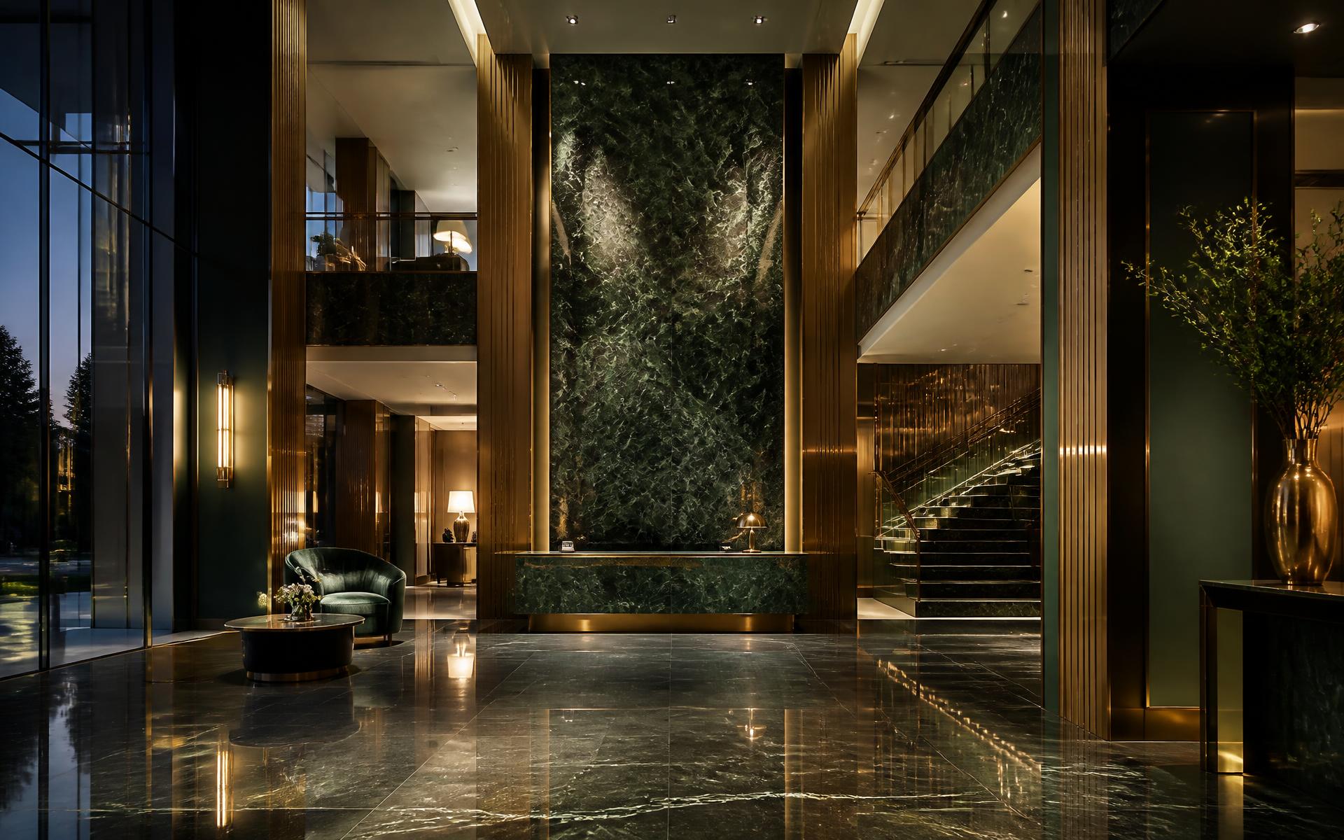 Immaculate luxury hotel lobby with polished stone floors